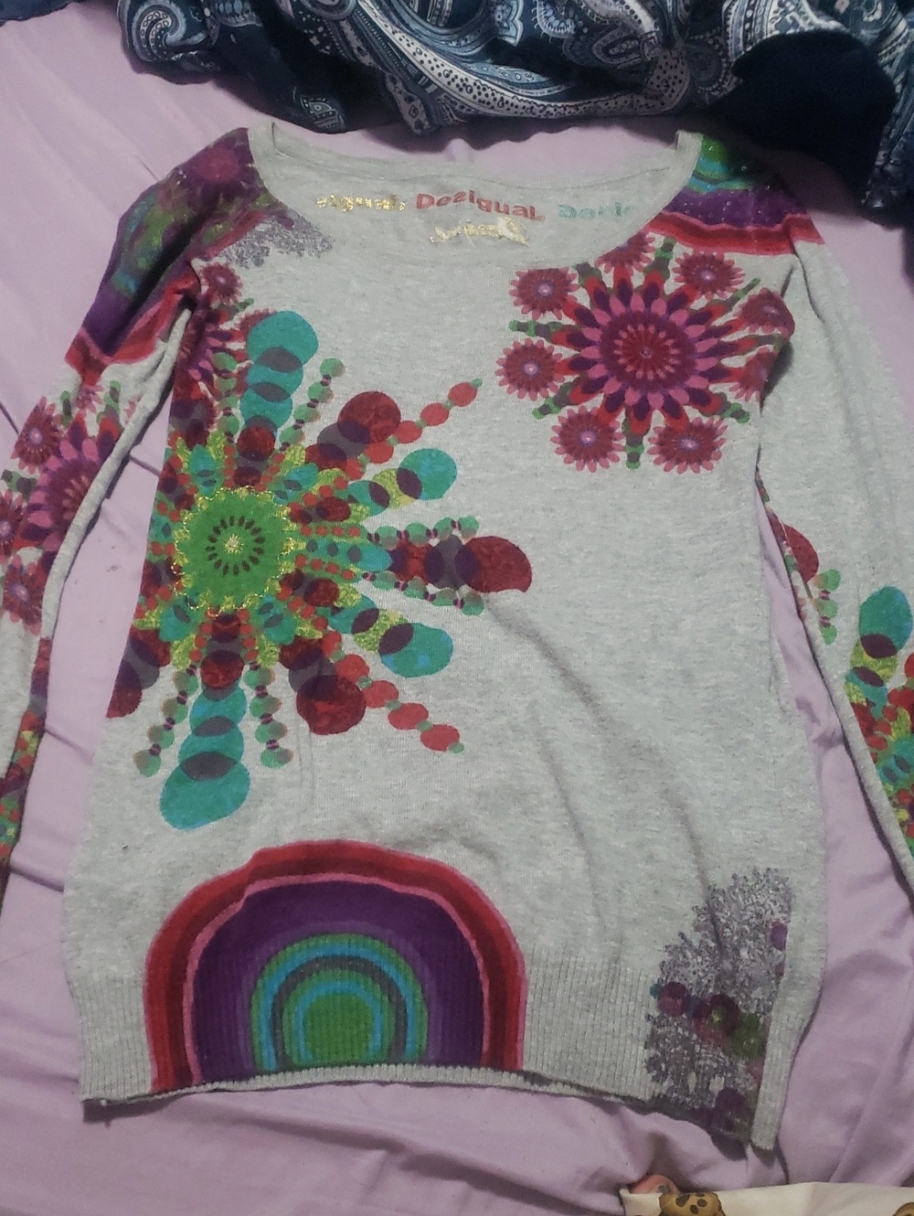 Desigual Light Gray Floral Burst Long Sleeve Sweater with Teal & Purple Accents